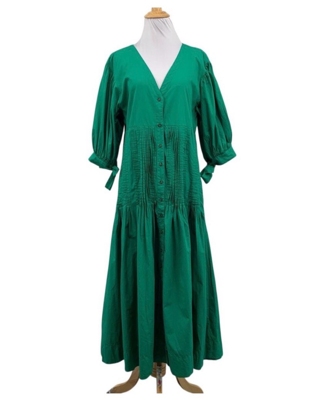 Maeve Dress Womens S Small Green Pintuck Tie Sleeve Button Up Drop Waist Midi